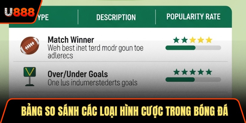 Bảng so sánh các loại hình cược thường gặp trong bóng đá